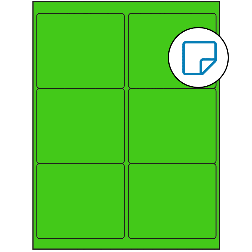 4" x 3.33" Fluorescent Green Rectangular Sheet Labels (6-UP) - Removable Adhesive