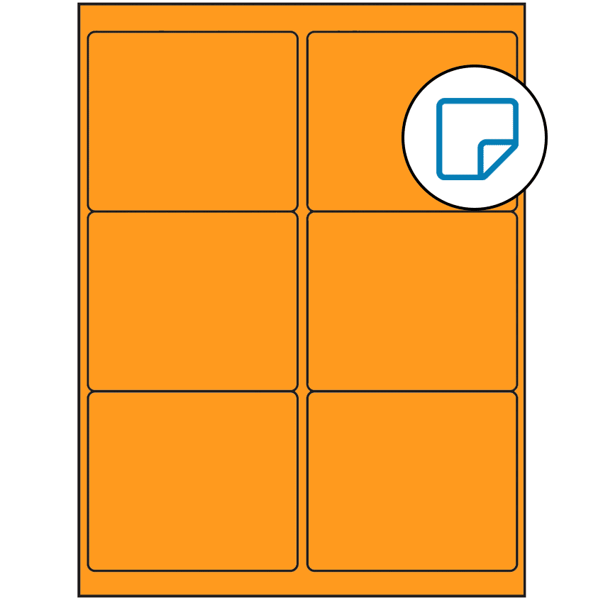 4" x 3.33" Fluorescent Orange Rectangular Sheet Labels (6-UP) - Removable Adhesive