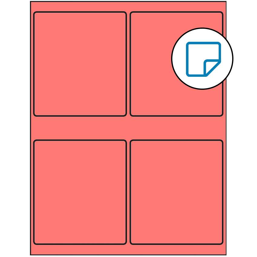 4" x 4.5" Fluorescent Red Rectangular Sheet Labels - Removable Adhesive