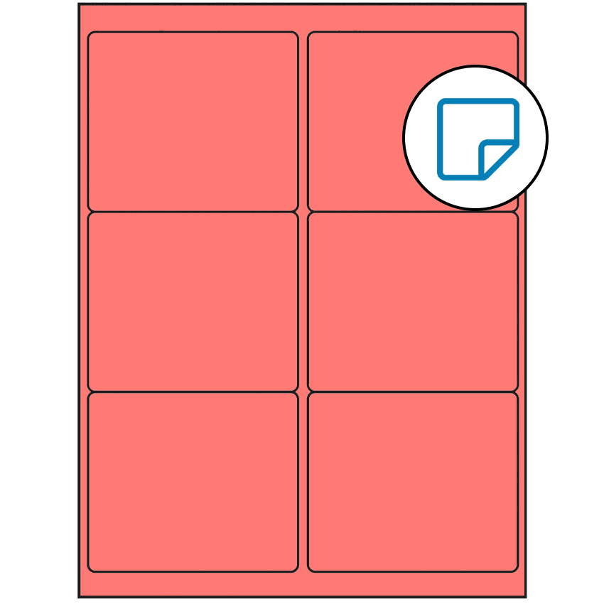 4" x 3.33" Fluorescent Red Rectangular Sheet Labels (6-UP) - Removable Adhesive
