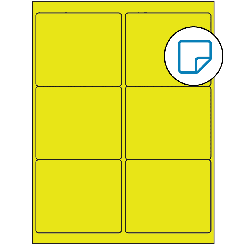 4" x 3.33" Fluorescent Yellow Rectangular Sheet Labels (6-UP) - Removable Adhesive