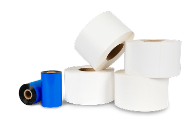 two ribbons next to a pile of blank labels
