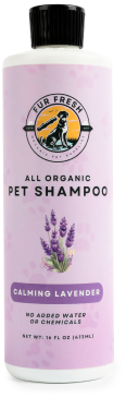 labeled bottle of organic pet shampoo