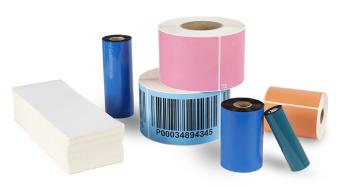 Assortment of label rolls, fanfold labels, and thermal ribbons