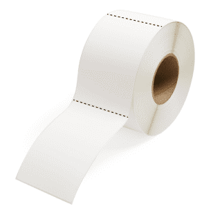 A roll of white labels with the perforation between the labels exaggerated