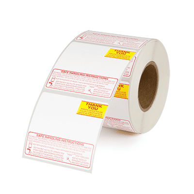 A roll of weigh scale labels with red printed safe handling instructions and red and yellow thank you text