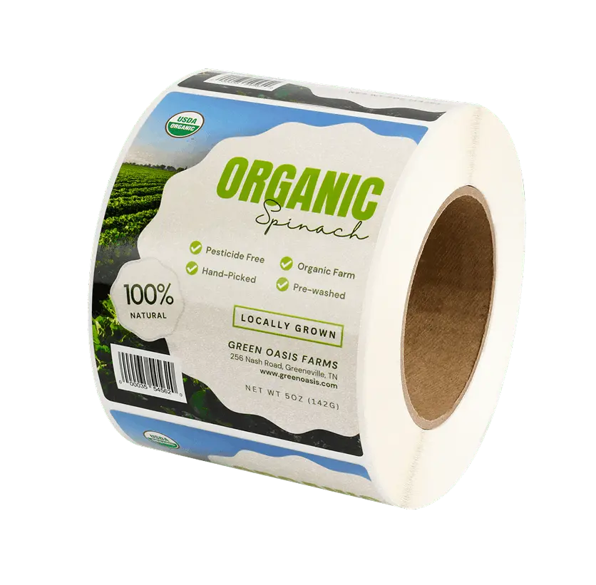 a roll of custom labels for organic spinach