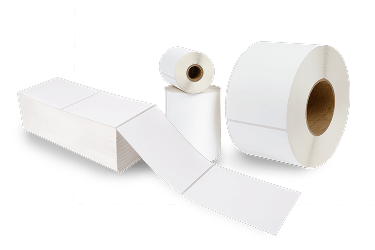 a labeled mailer, a labeled box, and a blank roll of labels