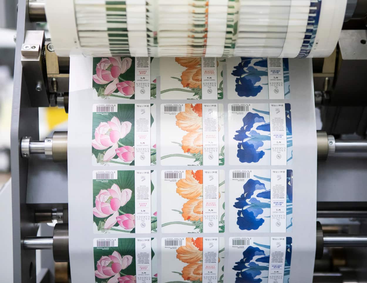 a roll of labels going into a Bobst Digital Master Printing Press