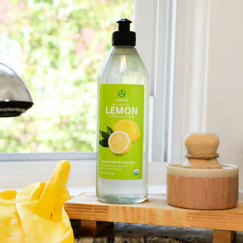 a bottle of dish soap next to a kitchen sink, a scrub brush and a rubber glove