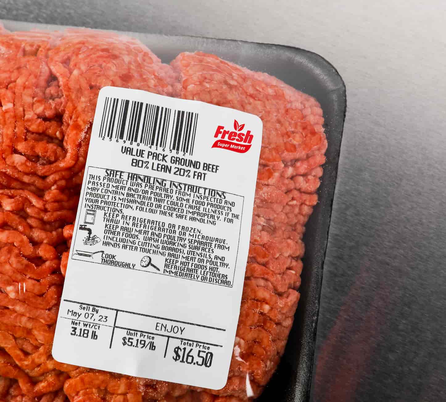 a labeled package of ground beef