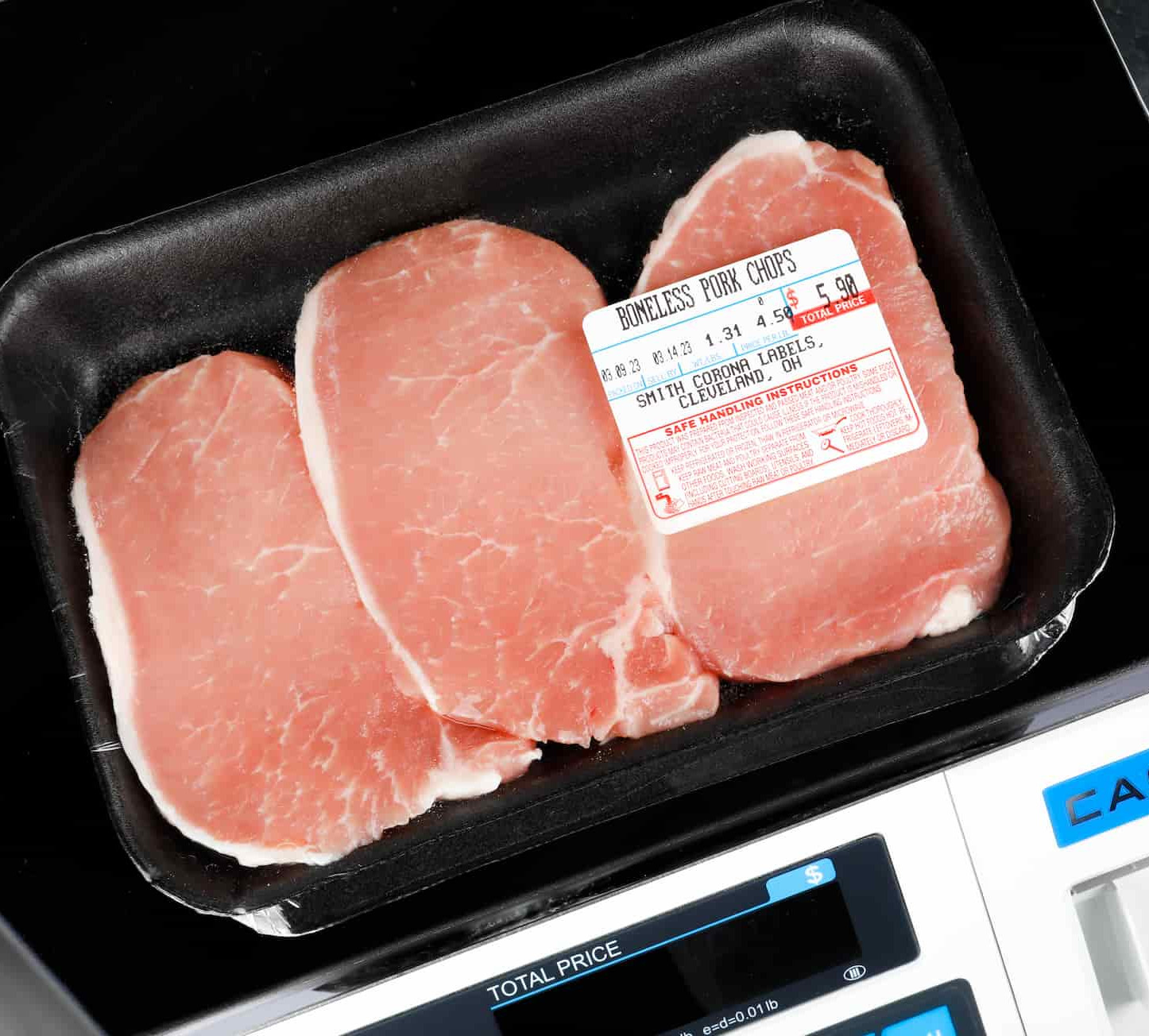 a labeled package of pork chops
