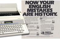Smith Corona personal word processor alongside its marketing materials