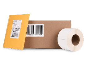 a labeled mailer, labeled cardboard box, and a roll of labels