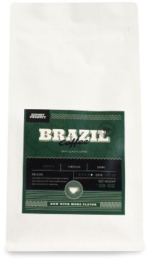 a labeled bag of Brazil coffee