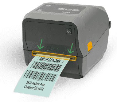 A mobile printer ejecting a printer label with the width of the label highlighted in orange