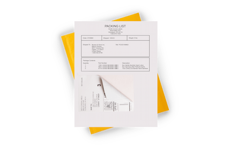 an example integrated sheet label sitting on top of a yellow mailing envelope
