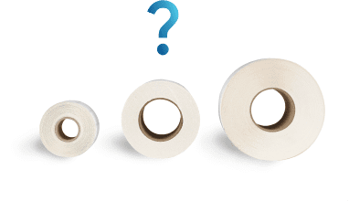 Three different sizes of label rolls with a blue question mark above them