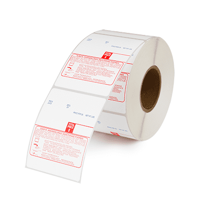 A roll of weight scale labels with red printed safe handling instructions