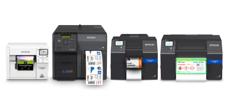 Four Epson ColorWorks printers sitting alongisde each other