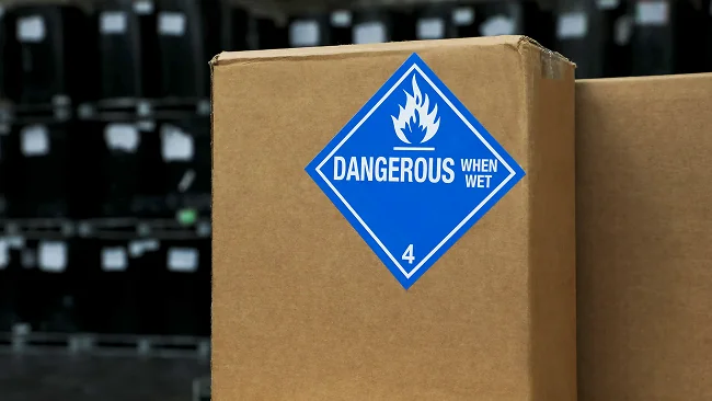 a cardboard box with a dangerous when wet sign