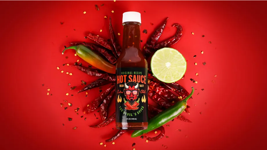 a bottle of hot sauce surrounded by radiating chili peppers, chili flakes, and a half of a lime