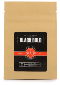 a labeled bag of dark roast coffee