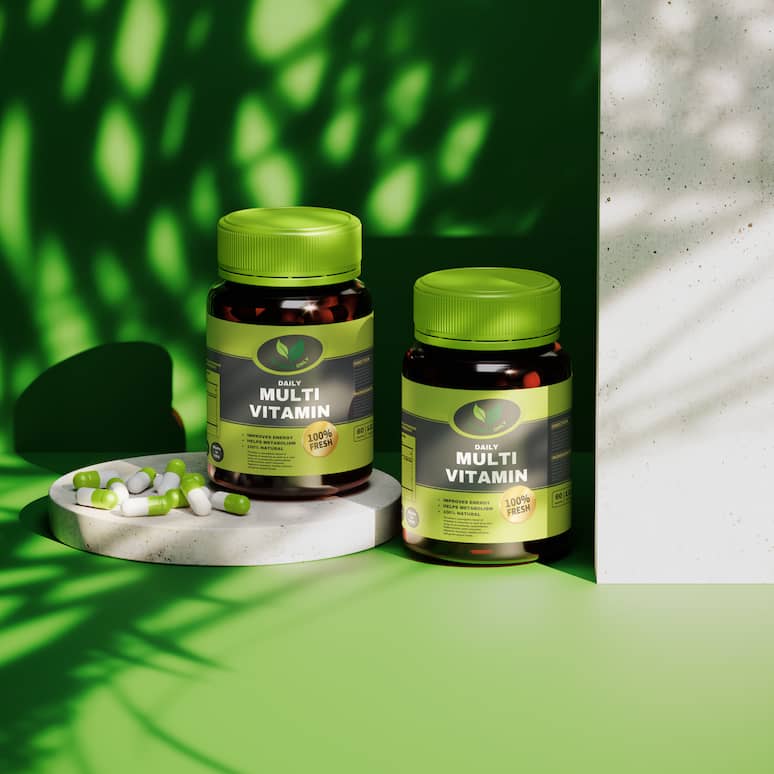 a bottle of multivitamins and a smattering of pills sit on a marble disc, a second bottle of multivitamins sits on the surface next to a wall made of rock