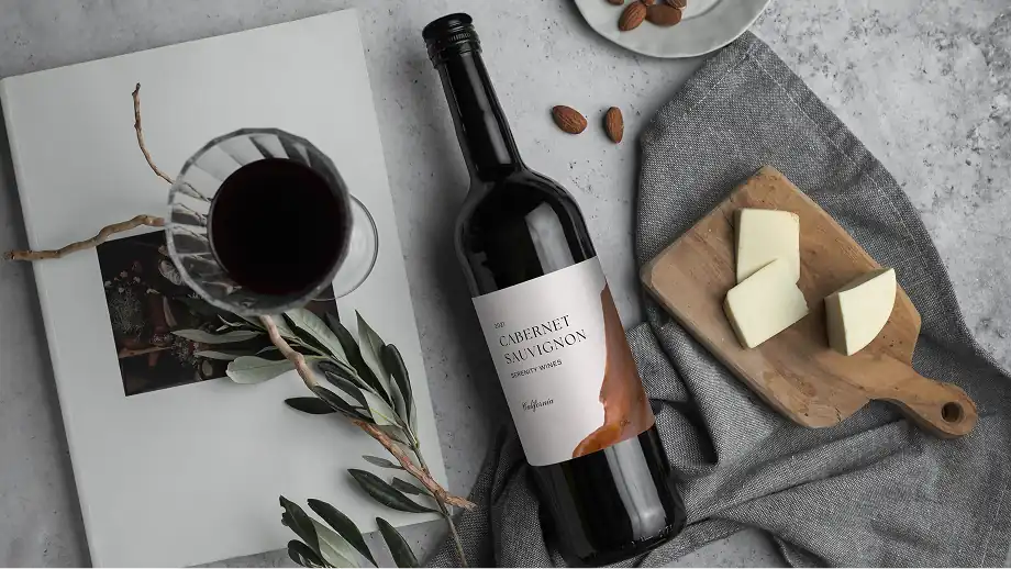 a glass of wine next to a bottle of red wine and a plate of nuts, next to the bottle is sliced cheese on a charcuterie board