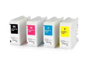 4 ink cartridges, from left to right black, magenta, cyan, yellow