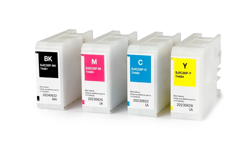 4 ink cartridges, from left to right black, magenta, cyan, yellow