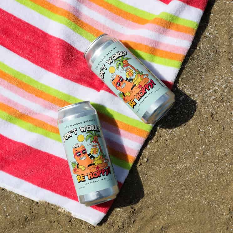 two cans of IPA on a beach towel on the sand