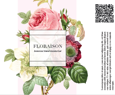 A floral label with flowers in the background and the brand name Floraison in the foreground
