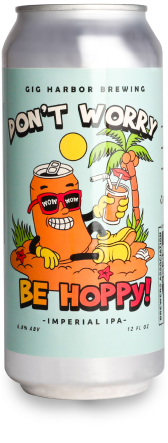 labeled can of Dont Worry Be Hoppy IPA with a cartoon beer can sitting on a beach