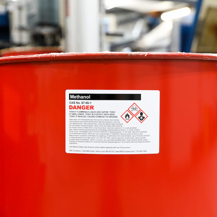 a barrel of methanol with a chemical label