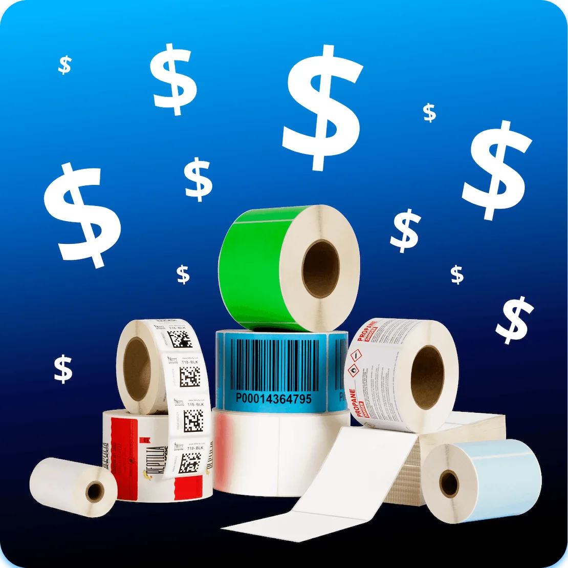 a pile of labels with dollar signs floating above them