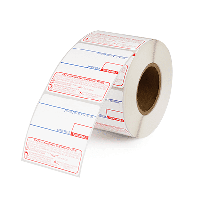 A roll of weigh scale labels with room to print product UPCs and with preprinted safe handling instructions