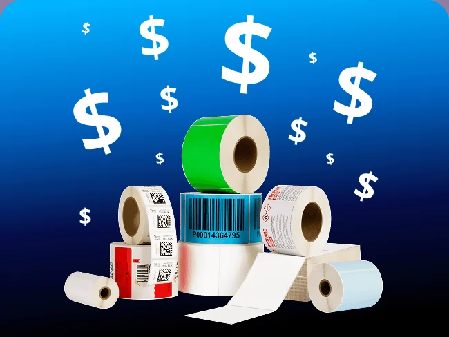 many rolls stacked in piles, dollar signs float above them