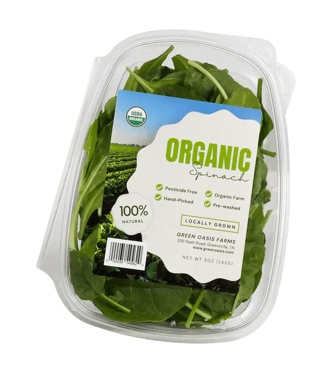a labeled package of organic spinach