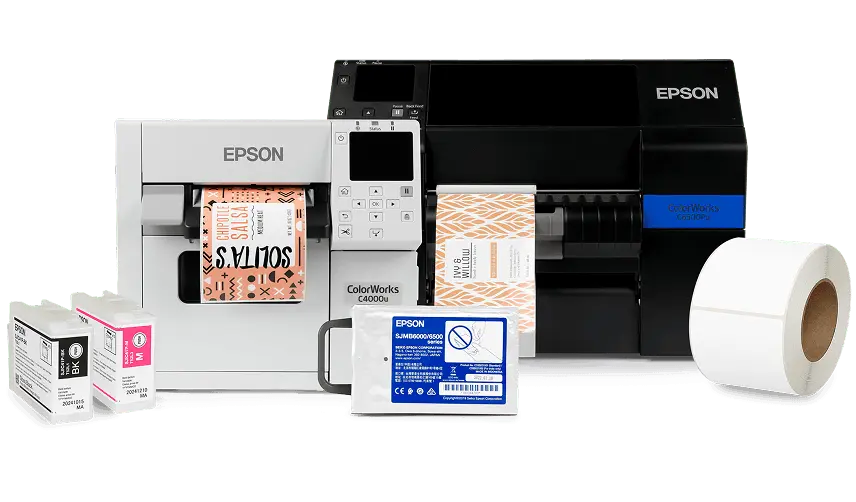 from left to right: 2 inkjet cartidges, 2 epson printers, a printer maintenance box, and a roll of blank labels