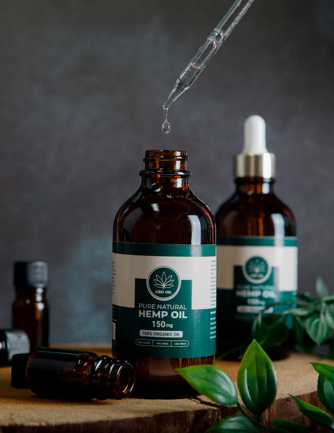 bottles of labeled hemp oil