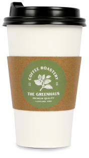 a labeled coffee to-go cup with a cardboard sleeve