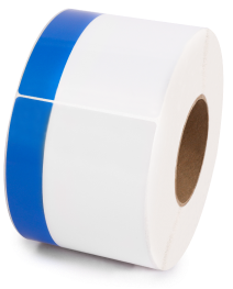 a roll of labels, each label has a stripe along the top
