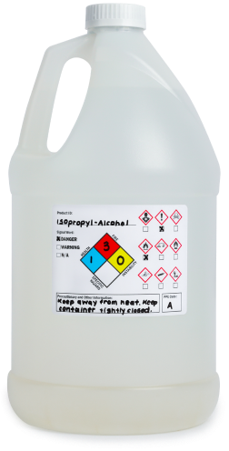 labeled bottle of isopropyl alcohol with a chemical label