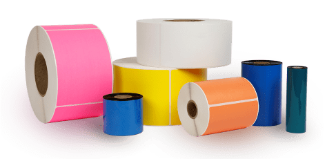 Multiple rolls of labelps in different colors sitting next to and on top of each other