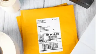 Manilla envelopes with shipping labels affixed sitting laying next to rolls of blank labels
