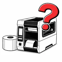 a printer and a label roll with a question mark above them