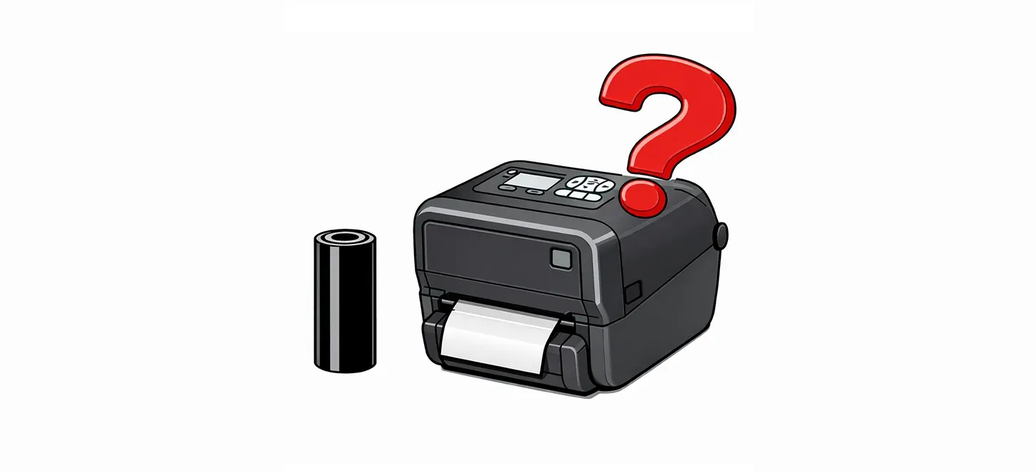 a portable printer with a question mark above it next to a roll of labels