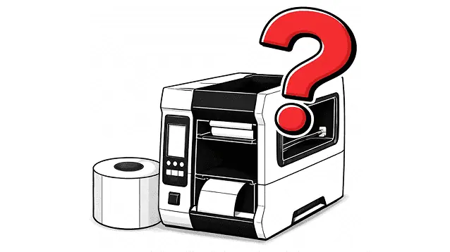 a printer next to a label roll with a question mark above